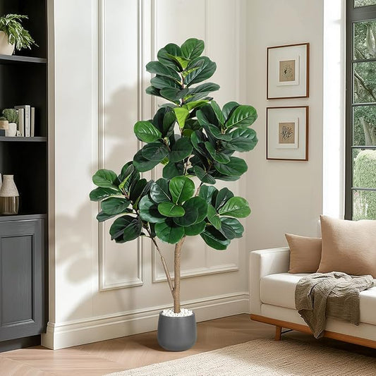 5 ft Fiddle Leaf Fig Tree Artificial with 77 Leaves - Realistic Faux Ficus Lyrata Trees in 7.8 in Grey Planter Pot, Indoor Fake Floor Plants for Home Office Living Room Decor, Housewarming Gift