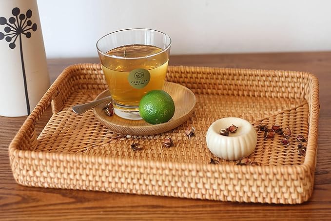 Rectangular Wicker Serving Tray | Set of 2 | Handmade Woven Rattan Storage Basket | Decorative Coffee Tabletop Tray | Boho Flat Bathroom Organizer - (L- 15.4""x2.4"" M- 13.7""x 2"")