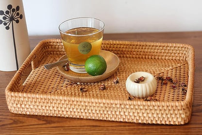 Rectangular Wicker Serving Tray | Set of 2 | Handmade Woven Rattan Storage Basket | Decorative Coffee Tabletop Tray | Boho Flat Bathroom Organizer - (L- 15.4""x2.4"" M- 13.7""x 2"")