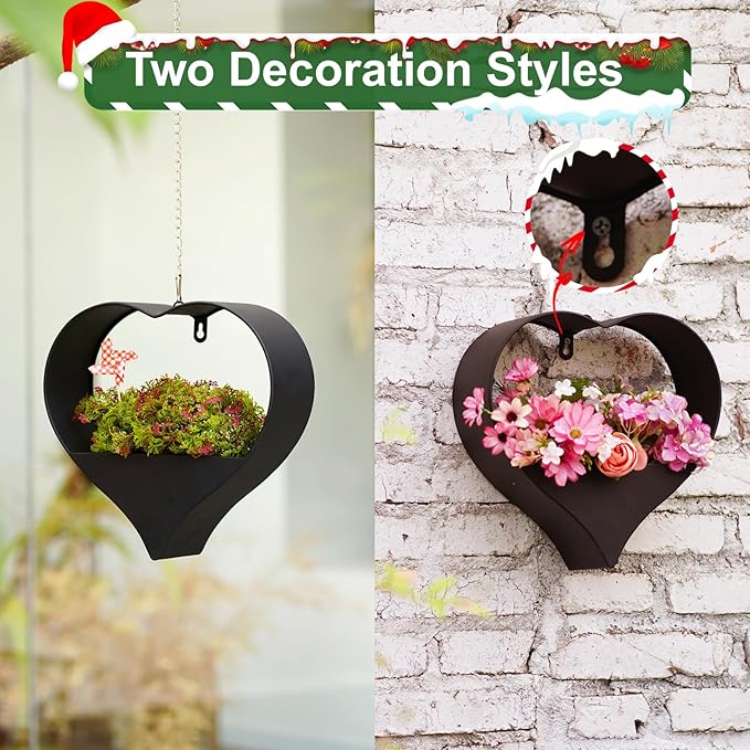 Metal Plant Hangers Indoor and Outdoor: Christmas Birthday Gifts for Women Mom Wife Garden Lovers - Heart Shape Hanging Planters Perfect for Window Wall Living Room Office Decor(Black)