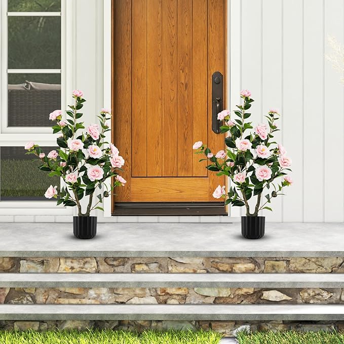 Goplus 38’’ Artificial Camellia Tree, 2 Pack Flower Plants Artificial Tree, Faux Floral Plant Blooming Tree in Cement Pot, Greenery Potted Plant for Indoor Outdoor Office Home Porch Decor