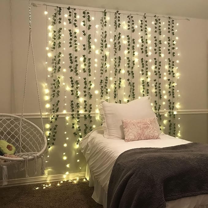 BLEUM CADE 30 Strands 210Ft Fake Vines for Bedroom with 98.4Ft String Lights, Cute Artificial Hanging Ivy Vines with Fake Leaves, Fake Plants for Christmas Party Garden Wall Room Decor