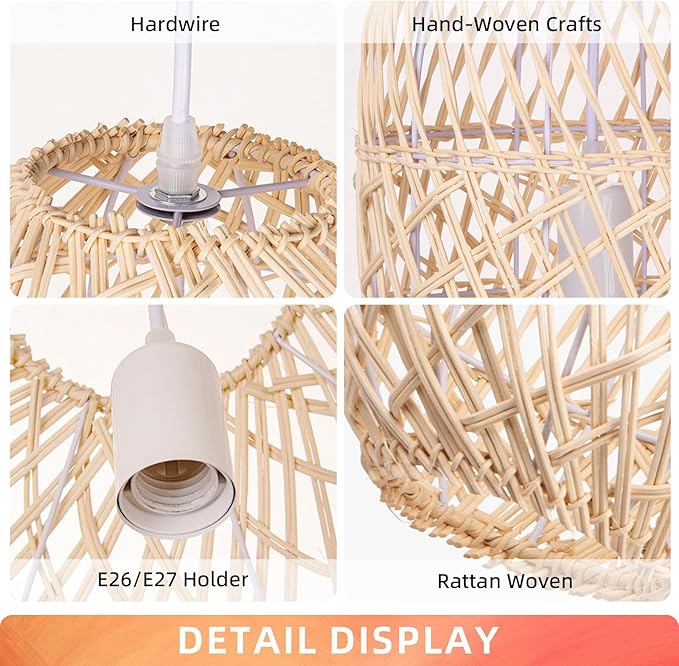 Arturesthome 1 Light Natural Rattan Pendant Light, Woven Chandelier Pendant Lamp Shade, Hanging Ceiling Light, Handmade Lampshade for Bar Hallway D 9.8"* 23.2"