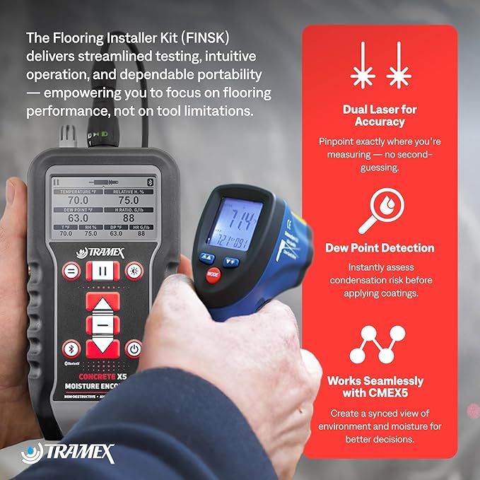 Tramex Flooring Installer Kit FINSK | CMEX5 Digital Meter, Infrared Surface Thermometer & Heavy-Duty Pin Probe | Check Concrete & Wood Moisture, Humidity, Temperature & Dew Point Pre Floor Install