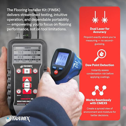 Tramex Flooring Installer Kit FINSK | CMEX5 Digital Meter, Infrared Surface Thermometer & Heavy-Duty Pin Probe | Check Concrete & Wood Moisture, Humidity, Temperature & Dew Point Pre Floor Install