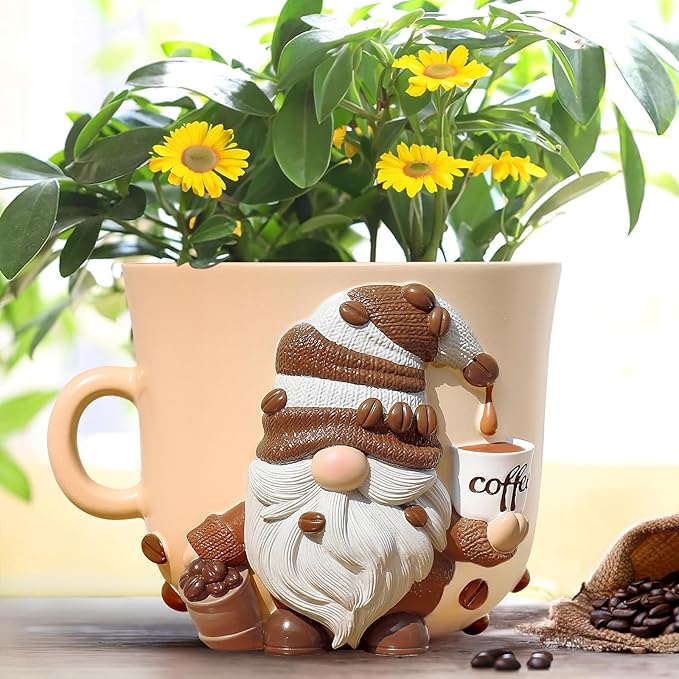 GUGUGO Coffee Cup Gnome Plant Pots, Cute Unique Flower Pots for Indoor Plants, Funky Small Planters with Drainage Holes, Eclectic Home Decor Aesthetic, Funny Gardening Planter for Couple Gift, Male
