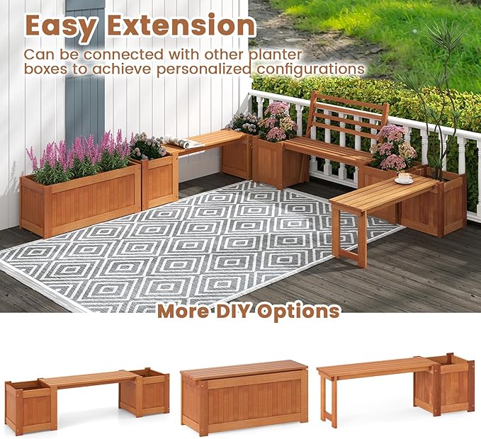 Outdoor Planter Box with Bench, Teak Oil Finish Wood Seat with 2 Open-Ended Base Garden Beds & Backrest, Decorative Plant Container for Yard, Balcony & Porch