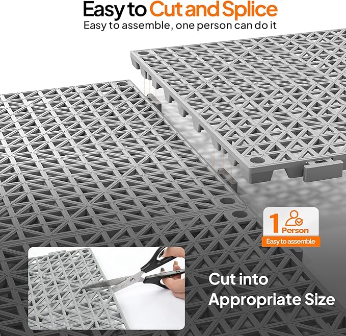 ROVSUN 12 PCS Interlocking Drainage Mat, 12’’x12’’ Drainage Tiles Interlocking,Soft PVC Floor Tiles, Non-Slip Drainage Holes for Restroom, Bathroom, Kitchen, Pool, Wet Areas,Grey