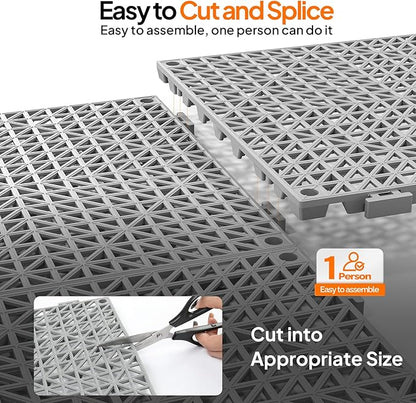 ROVSUN 12 PCS Interlocking Drainage Mat, 12’’x12’’ Drainage Tiles Interlocking,Soft PVC Floor Tiles, Non-Slip Drainage Holes for Restroom, Bathroom, Kitchen, Pool, Wet Areas,Grey