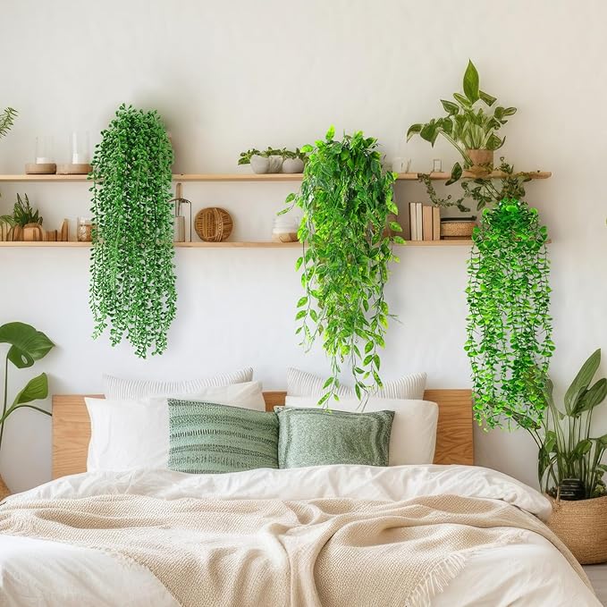 12 Pcs Artificial Hanging Plants Fake Hanging Ferns Plastic Faux Plants for Wall Room Garden Garland Indoor Outdoor Decor No Basket (Eucalyptus,Mandala,String of Pearls,Pea)