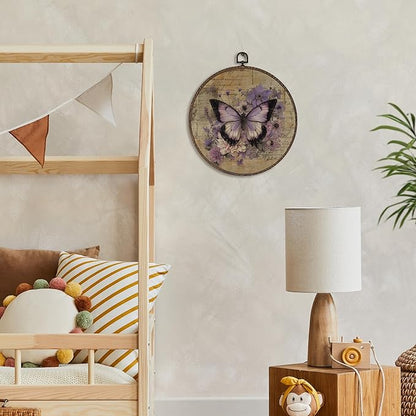 XNXLDYLH Vintage Purple Butterfly Round Framed Wall Art Decor, Purple Flower Moth Cottagecore Kitchen Bathroom Hanging Wall Decor Decorations, Rustic Antique Canvas Prints Wall Art Paintings,10x10Inch