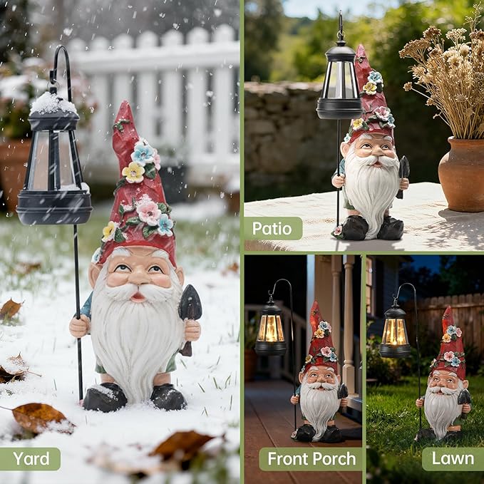 Garden Gnomes Statue with Solar Lantern, Outdoor Gnome Decorations for Yard, Outdoor Figurine Ornament with LED Lights for Patio Lawn, Housewarming Birthday Gift for Women Mom Grandma Wife