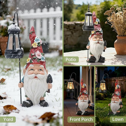 Garden Gnomes Statue with Solar Lantern, Outdoor Gnome Decorations for Yard, Outdoor Figurine Ornament with LED Lights for Patio Lawn, Housewarming Birthday Gift for Women Mom Grandma Wife