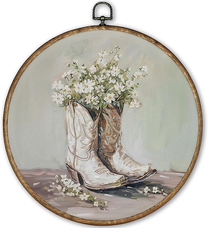 TLESKE White Preppy Western Cowgirl Round Wall Art Decor, Vintage Cowgirl Boots Framed Canvas Prints Wall Art Artwork, Wall Hanging Room Door Decor for Teen Girls Room Dorm Bedroom, 10x10