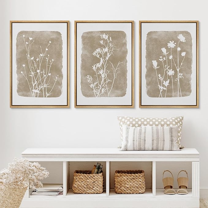 Ashbrook Framed Canvas Print Wall Art Set Vintage Country Farmhouse Flower Silhouette Nature Wilderness Illustrations Floral Botanical Minimal Calm/Relax/Cozy for Bedroom - 16"x24"x3 NATURAL
