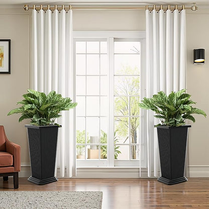 FENCY Set of 2 Tall Planters for Outdoor Plants, 24 Inch Large Tapered Pots with Drainage Trays, Weather-Resistant Plastic Plant Containers for Patio, Porch, Garden, Front Door Decor,Black,Striped