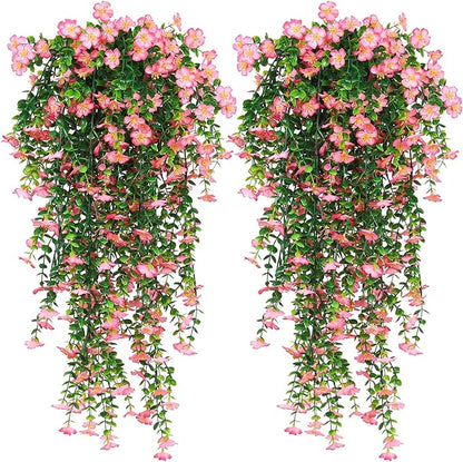 RECUTMS Artificial Hanging Flowers Plants for Outdoors, 4Pcs Fake Hanging Plants Flowers with Eucalyptus Leaves UV Resistant Fake Flower Look Real for Home Garden Porch Patio Door (Pink)