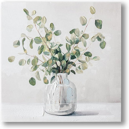 Eucalyptus Hand painted Canvas Wall Art, Eucalyptus Plant Painting Art Decor,Sage Green Botanical Canvas Print,Bathroom Pictures Rustic Wall Decor.Nature Flower Painting Artwork for Bedroom 12"x12"