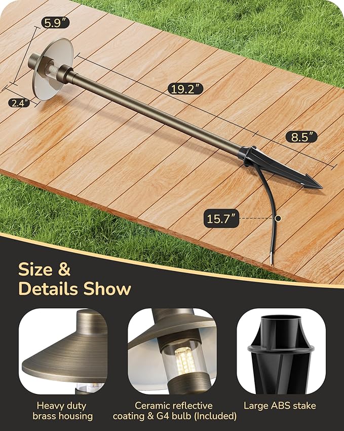 EDISHINE Solid Brass Low Voltage Landscape Lighting, 22" Tall 6" Shade with G4 Bulbs, 12V 350LM 3000K Heavy Duty Outdoor Landscape Path Light, Waterproof Bronze LED Pathway Lights Wired, 6 Pack