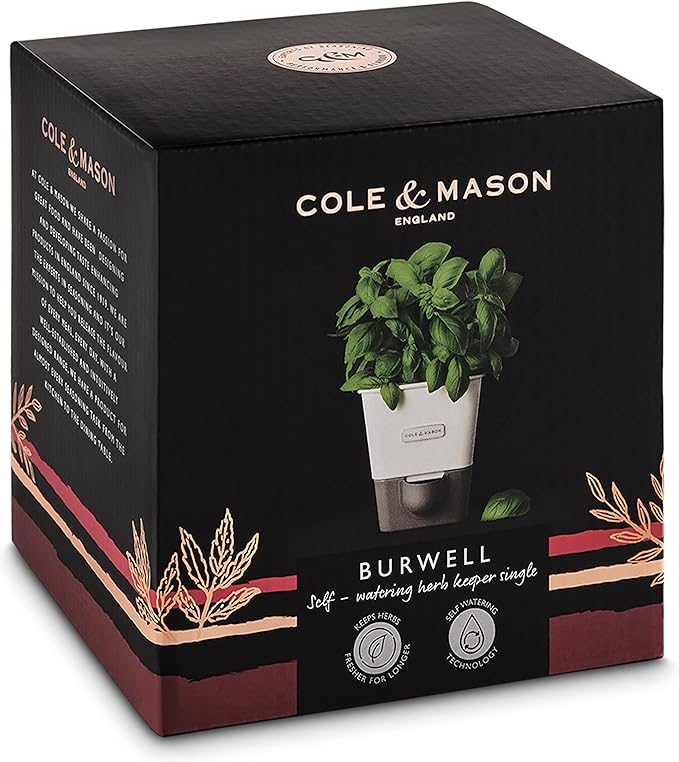 Cole & Mason Self-Watering Single Potted Herb Keeper, Indoor Herb Box, 21 cm, White/Grey, Self Watering, Includes 4 x Pads