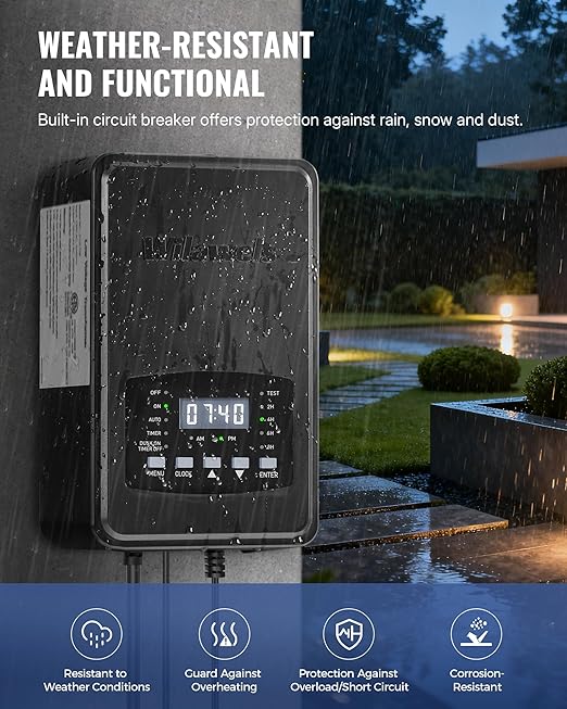 500W Low Voltage Landscape Transformer, Weatherproof Outdoor Low Voltage Transformer, 120V AC to 12/14V AC, Landscape Lighting Transformer with Timer and Photocell Sensor, ETL Listed D14LT06