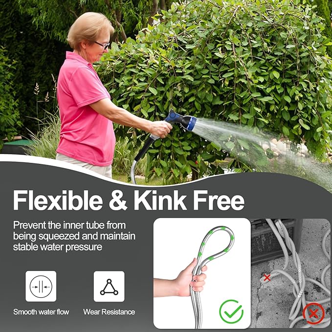 SPECILITE 120ft 304 Stainless Steel Garden Hose Metal, Heavy Duty Water Pipe with Nozzles for Yard, Outdoor - Flexible, Never Kink & Tangle, Puncture Resistant (Sliver)
