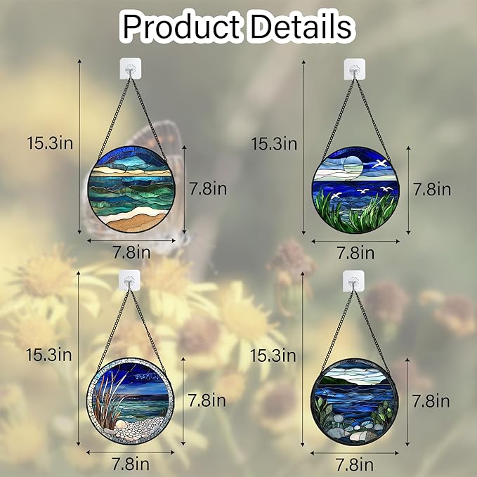 Stained Glass Window Hanging 4 Pcs Set Navy Blue Ocean Landscape 7.8" - Suncatcher Door Garden Sun Catcher Decor Birthday Mother's Day for Mom Woman Nana Girl Boy Friend
