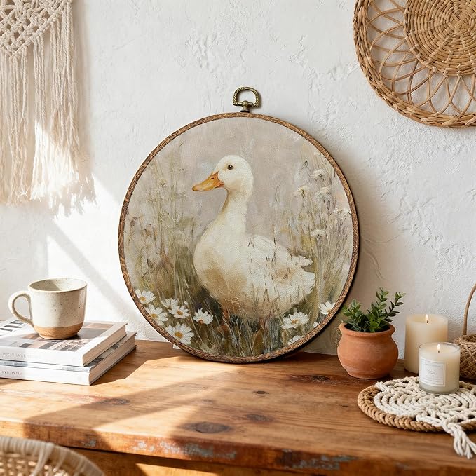 DEQSX Rustic Floral Goose Round Wall Art, Cottagecore Vintage Countryside Goose Framed Wall Decor, Cottagecore Flower Canvas Prints for Home Bedroom Living Room, 10x10 Inches
