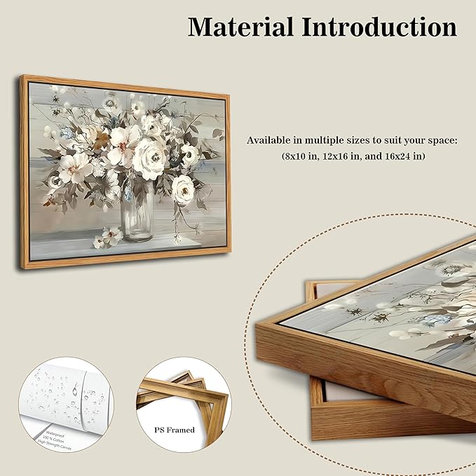 SAMHOU Floating Framed Canvas Wall Art, Vintage White Floral Poster Prints, Nature Plant Picture Wall Decor, Modern Farmhouse Painting Decor for Living Room Kitchen Bathroom Bedroom 8x10 inch