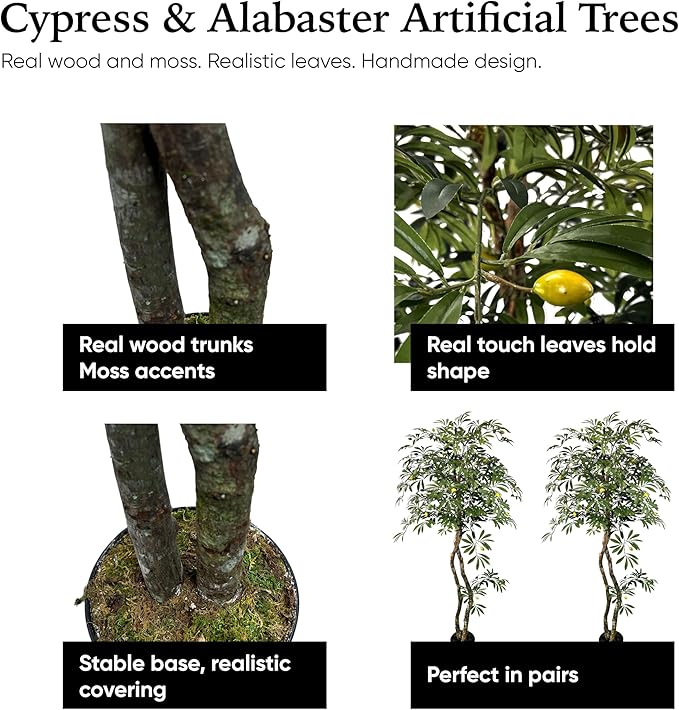 Cypress & Alabaster Handmade 6ft Mediterranean Olive Artificial Tree with Ethically Sourced Real Wood Trunks, Hypoallergenic, 6-Foot, Green