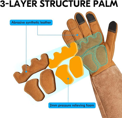 Vgo... Men's Extra-Long Leather Gardening Gloves, Gauntlet with Adjustable Cuff, Puncture & Thorn Proof, Touchscreen (SL6592)