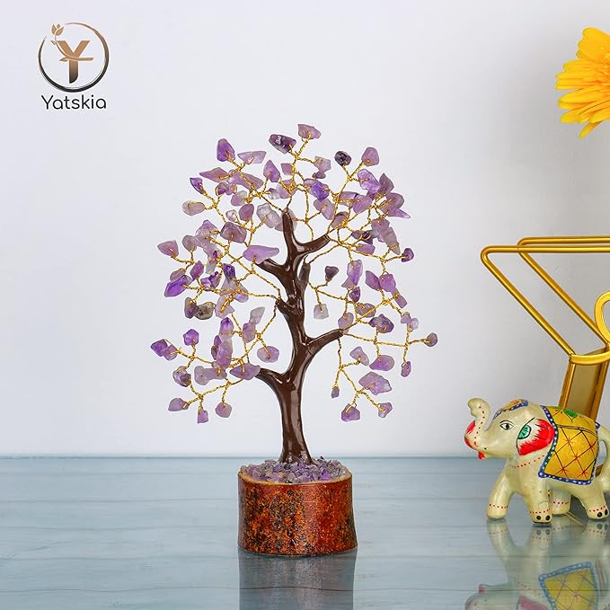 Amethyst Crystal Tree – 7-8 Inch Gemstone Tree with Golden Wire & Wooden Base – Spiritual Gift, Gifts for Her, Healing Crystals Decor, Birthday Gift for Women