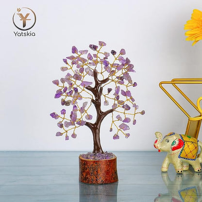 Amethyst Crystal Tree – 7-8 Inch Gemstone Tree with Golden Wire & Wooden Base – Spiritual Gift, Gifts for Her, Healing Crystals Decor, Birthday Gift for Women