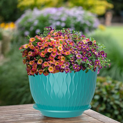 12/10/9 Inch Planter Pots, 3-Pack Large Flower Pots for Indoor Outdoor Garden Plants, Big Plant Pots with Multi Mesh Drainage Holes and Saucer (Black-Green, 12"+10"+9")