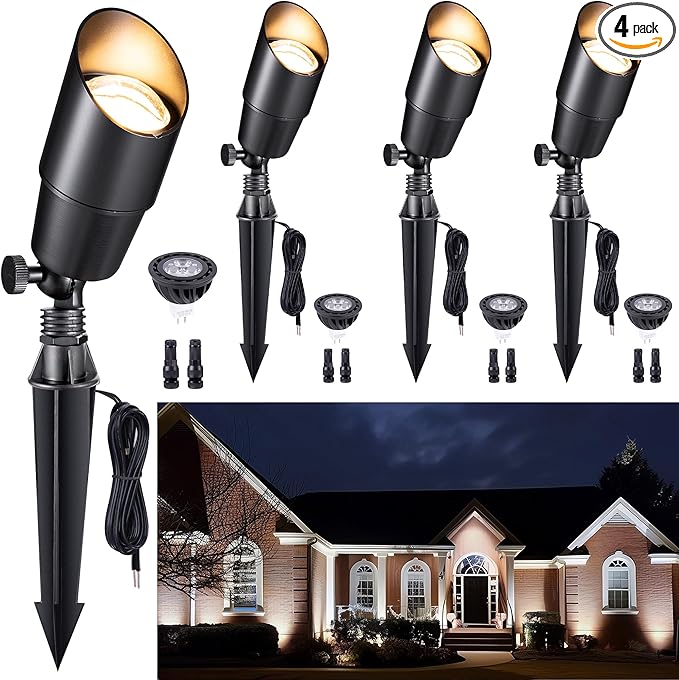 Gardenreet Brass Landscape Lighting - Black Outdoor Low Voltage Spotlights LED, 12V Wired Uplights, Waterproof Spot Lights for Outside Trees with 5W 5000K Daylight MR16 Bulb (4 Pack)