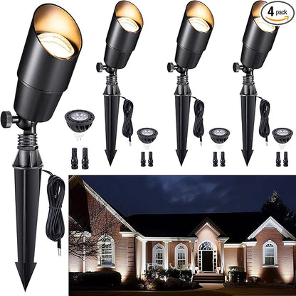 Gardenreet Brass Landscape Lighting - Black Outdoor Low Voltage Spotlights LED, 12V Wired Uplights, Waterproof Spot Lights for Outside Trees with 5W 5000K Daylight MR16 Bulb (4 Pack)