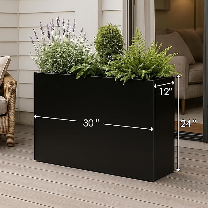 Kozyard 30”Lx12”Wx24”H Metal Planter Box Indoor Outdoor Rectangular Planter All-Weather with Drainage Holes Removable Grow Liner for Plants Flowers Shrubs