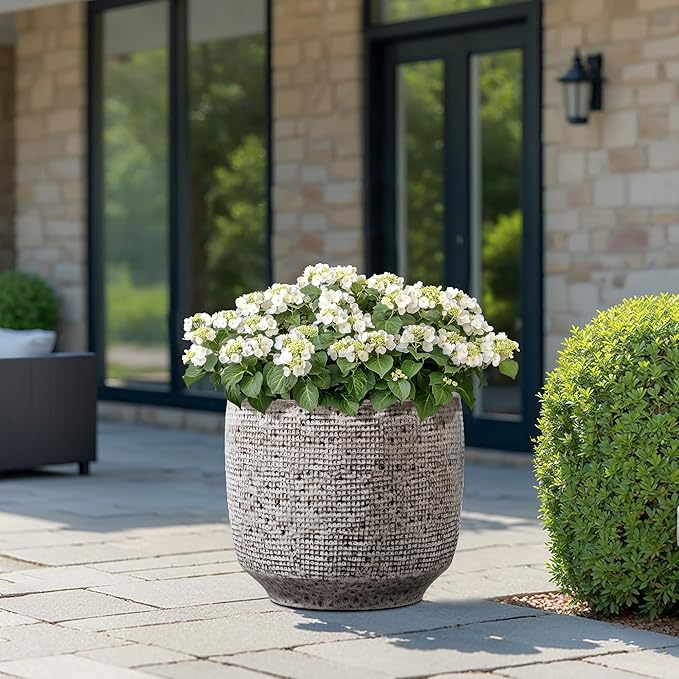 LuxenHome 15.5-Inch Dia Round Ceramic Planter Pot for Outdoor Plants, Gray Grid-Pattern Glazed Large Ceramic Plant Pot with Drainage Hole and Rubber Plug, Indoor Flower Pots for Home Garden Patio