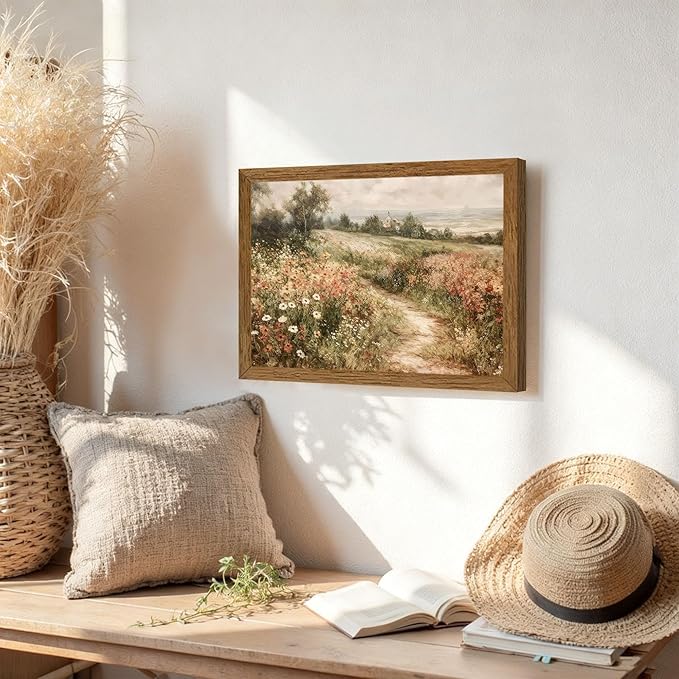Wojuin Framed Vintage Cottagecore Canvas Wall Art, Landscape Nature Country Wildflower Wall Decor, Farmhouse Modern Rustic Fall Flower Artwork Prints for Living Room Bedroom Bathroom Office 12x16 in