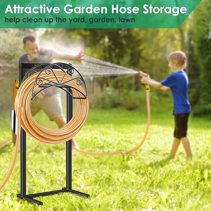 TomCare Garden Hose Holder Heavy Duty Water Hose Holder Holds 160 FT Hoses 4 Spikes Hose Reel with 2 Tool Hooks Freestanding Hose Hanger Sturdy Hose Storage Stand for Outside Yard Lawn, Black