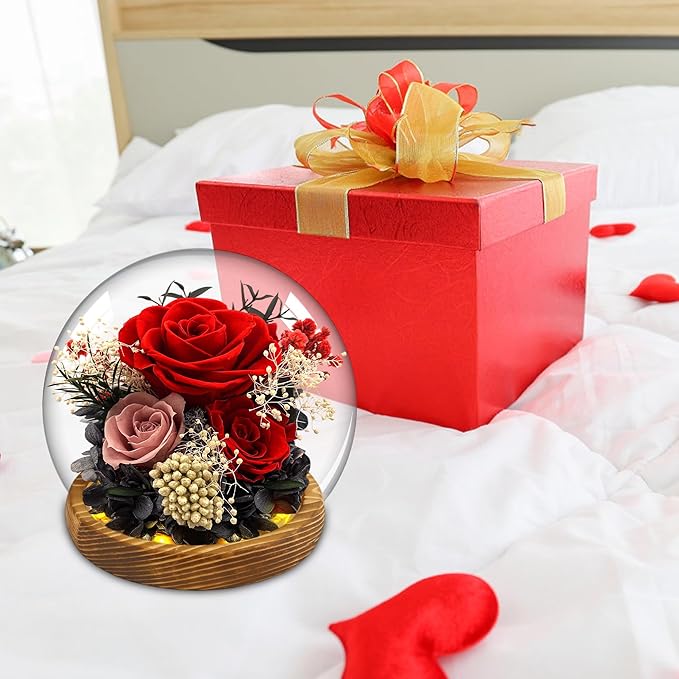 MOKOQI Red Rose Birthday Gifts for Women Forever Rose Flowers for Delivery Prime Preserved Flowers in Glass Dome | Valentines Day Gifts for Her Mom Wife Grandma on Christmas Birthday