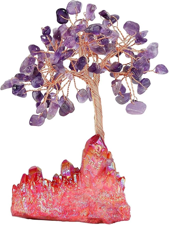 mookaitedecor Amethyst Crystal Tree, Quartz Cluster Red Titanium Crystals Base Bonsai Money Tree for Wealth and Luck