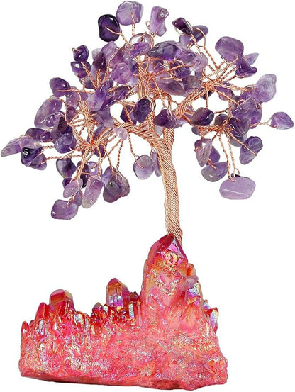 mookaitedecor Amethyst Crystal Tree, Quartz Cluster Red Titanium Crystals Base Bonsai Money Tree for Wealth and Luck