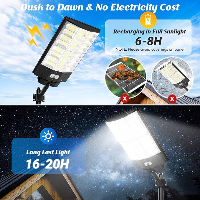 Solar Street Light Outdoor Waterproof 6400W, 640000LM Motion Sensor Solar Powered Flood Light, Dusk to Dawn Lighting with Remote Control, 8500K Commercial Area Lighting for Outside Parking Lot, 1-Pack