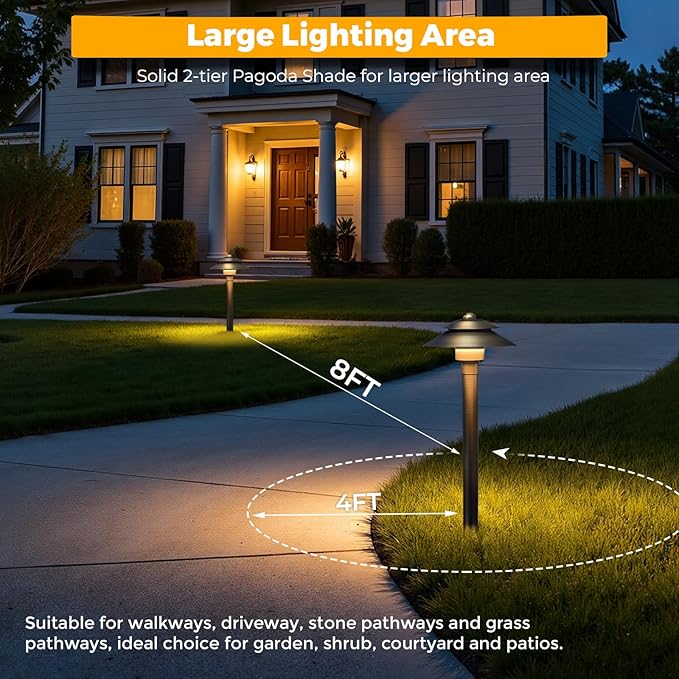 Gardencoin Solid Brass Low Voltage Landscape Pathway Lights (6'' Shade, 19'' Tall), 12V LED Heavy Duty Path Lighting Outdoor Wired, Waterproof Antique Bronze Walkway Light Without G4 Bulb,12 Pack