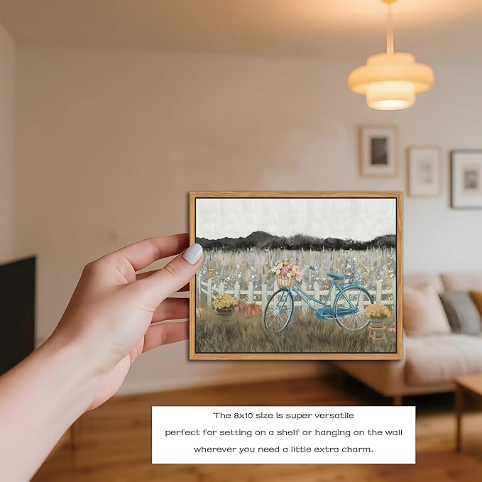 Floating Framed Canvas Wall Art, Vintage Blue Bicycle Flower Basket Wall Decor, Country Nature Landscape Wildflower Poster Print Paintings for Bathroom Living Room Bedroom Home Decor 8x10 inch