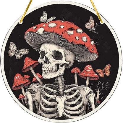 Acrylic Window Hanging Mushroom Skull Stained Panel Window Decoration for Halloween Decorations Outdoor Indoor Garden Yard Home Halloween Decor 12 Inch