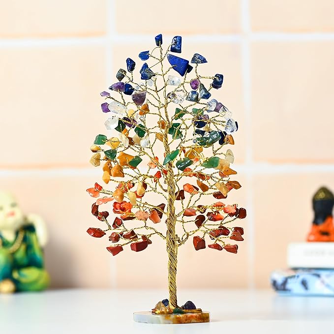7 Chakra Tree of Life - Geode Agate Slice Base, Crystal Tree for Positive Energy, Feng Shui Decor - Gemstone Tree, Good Luck Money Bonsai, Healing Stones, Seven Chakra Tree, Spiritual Mystical Gift