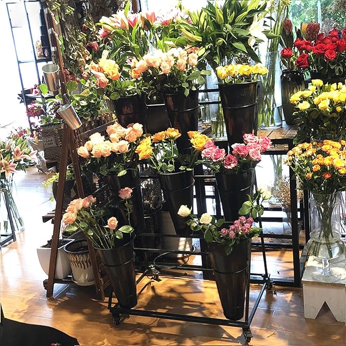 Flower Display Stand, Mobile Plant Cart shelve with Wheels, with Plastic Buckets, Easy to Install, Stepped Plant Stand, Suitable for Indoor and Outdoor Balcony Courtyard Garden Art Exhibitions ( Color