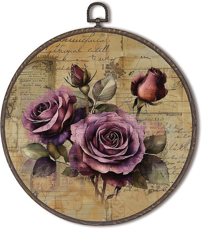 XNXLDYLH Vintage Rose Flower Round Framed Wall Art Decor, Rustic Purple Retro Earthy Floral Bathroom Hanging Wall Decor Decorations, Botanical Floral Canvas Prints Wall Art Pictures Paintings,10x10Inch